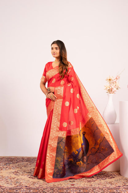 Handloom Banarasi Paithani Silk Saree with Artistic Peacock Pallu - RED