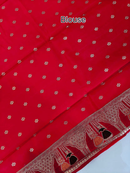 SOFT BANARASI PASHMINA  SAREE WITH ZARI BORDER -  RED