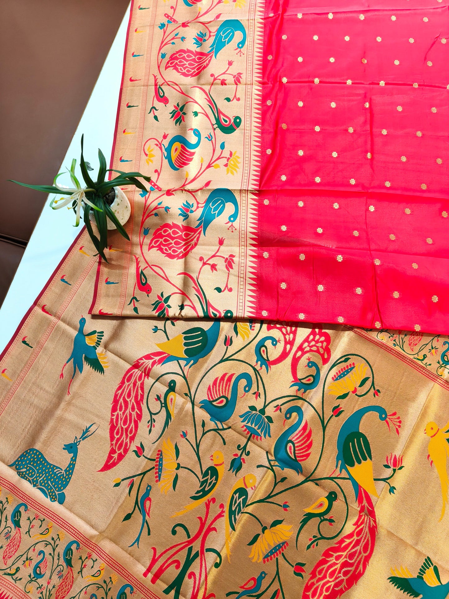 Premium Teal  Silk Saree with Peacock & Bird Woven Pallu- RED