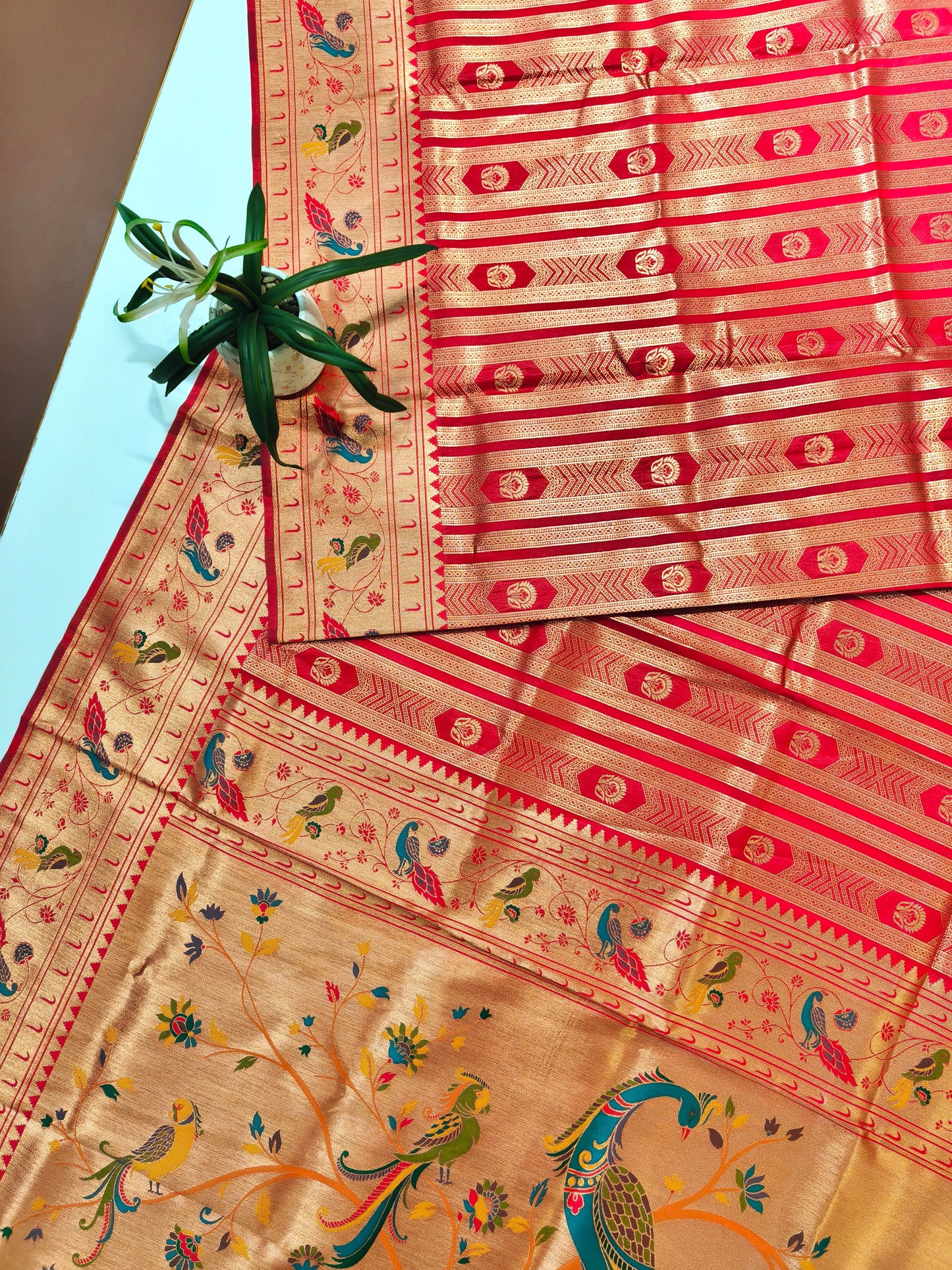 Banarsi Paithani Copper Zari Silk Saree- Red