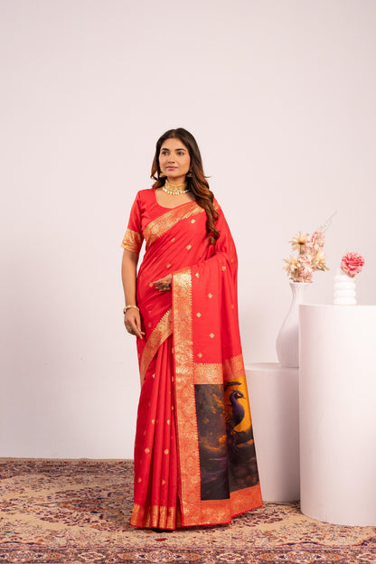 Traditional Paithani Saree with Zari Butti & Storytelling Pallu - RED