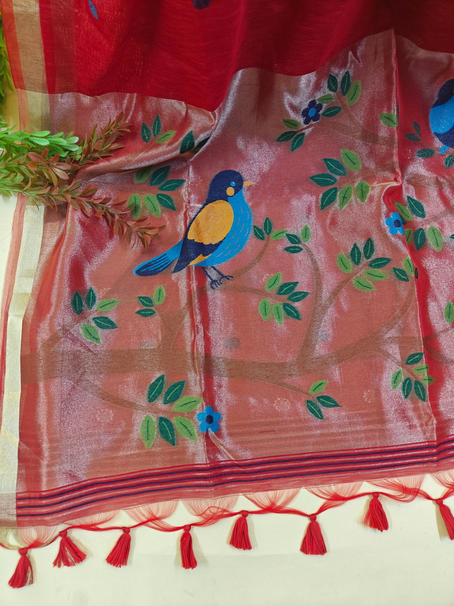 Pure Linen Saree With Zari Bird & Floral Pallu - RED