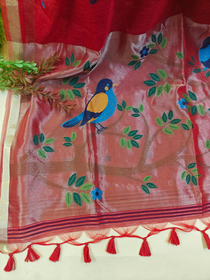 Pure Linen Saree With Zari Bird & Floral Pallu - RED