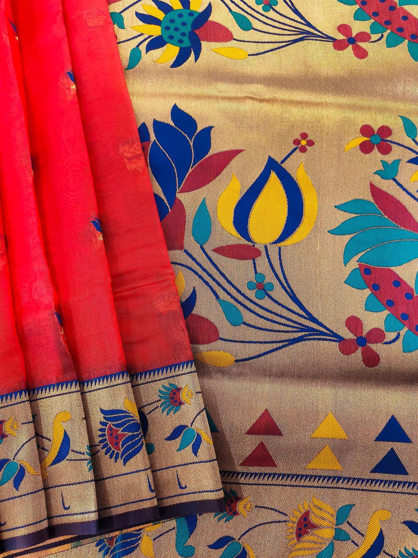 Paithani Silk Saree with Floral Motifs and Zari Pallu - RED
