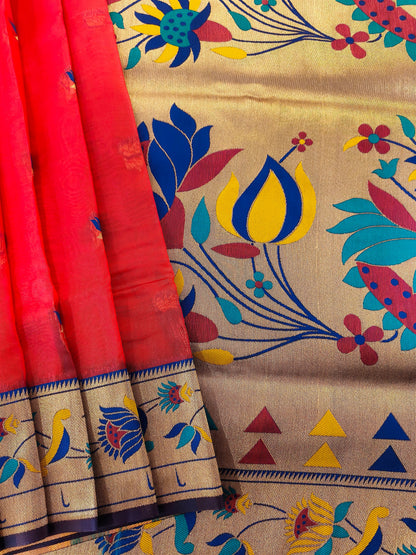 Paithani Silk Saree with Floral Motifs and Zari Pallu - RED