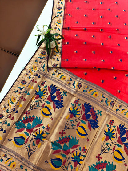 Paithani Silk Saree with Floral Motifs and Zari Pallu - RED