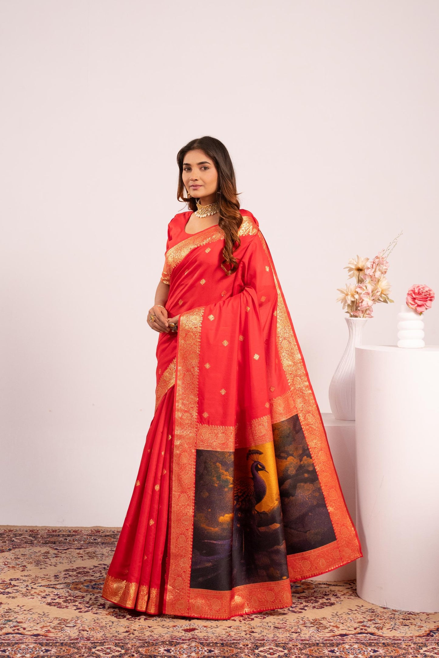 Traditional Paithani Saree with Zari Butti & Storytelling Pallu - RED