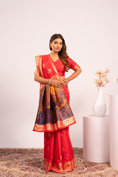 Handloom Banarasi Paithani Silk Saree with Artistic Peacock Pallu - RED