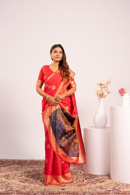 Handloom Banarasi Paithani Silk Saree with Artistic Peacock Pallu - RED