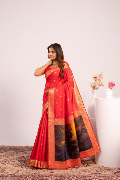 Traditional Paithani Saree with Zari Butti & Storytelling Pallu - RED