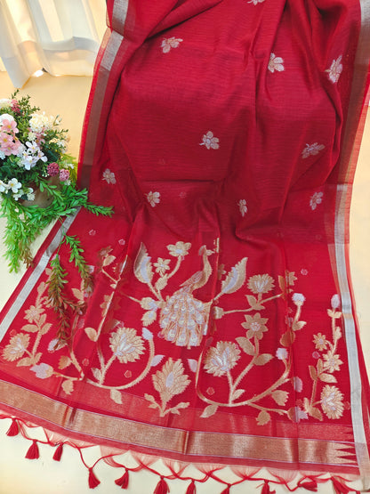 Pure Linen Saree with Antique Gold Floral & Peacock Zari Border - RED