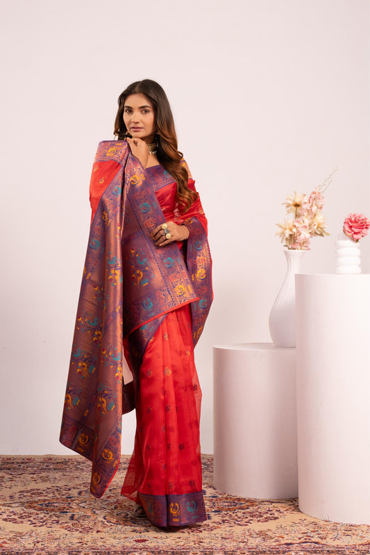 Classic Banarasi Paithani with Traditional Zari - RED