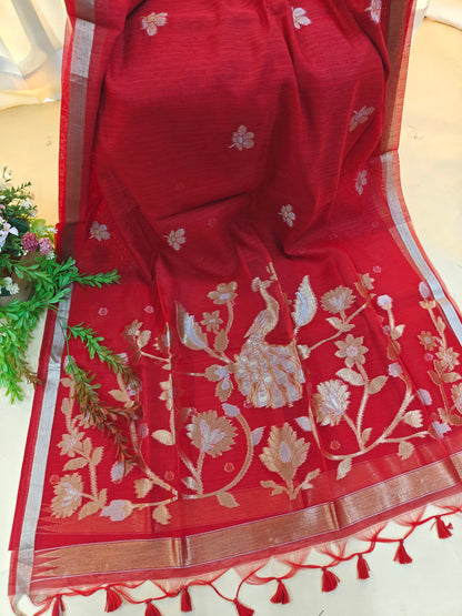 Pure Linen Saree with Antique Gold Floral & Peacock Zari Border - RED