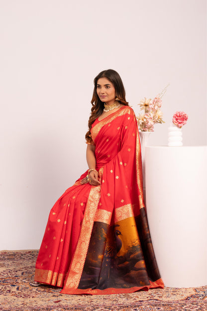 Traditional Paithani Saree with Zari Butti & Storytelling Pallu - RED