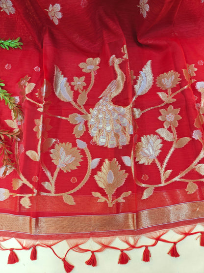 Pure Linen Saree with Antique Gold Floral & Peacock Zari Border - RED