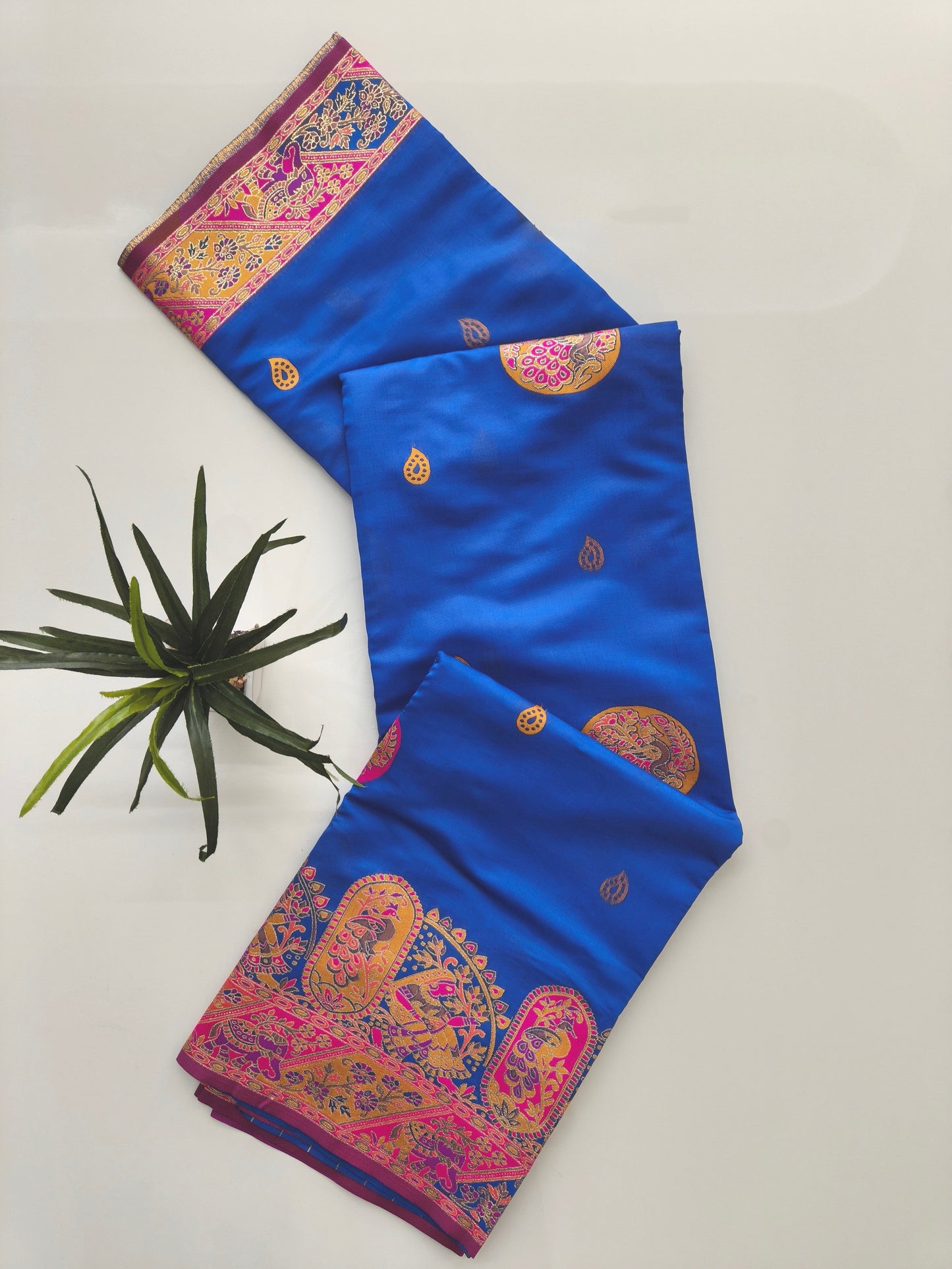 PURE SOFT RAJWADI PASHMINA SILK SAREE - ROYAL BLUE