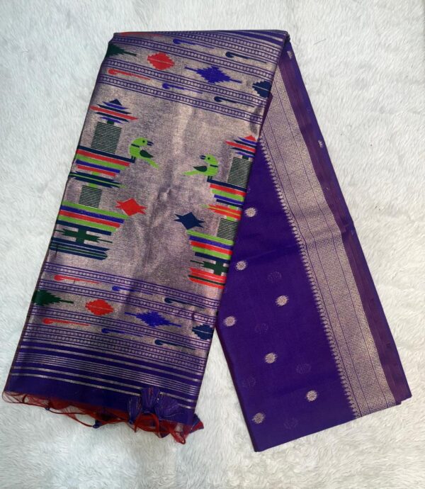 Khadi Raw Silk Saree with Traditional Woven Border & Multicolor Motifs -ROYEL BLUE