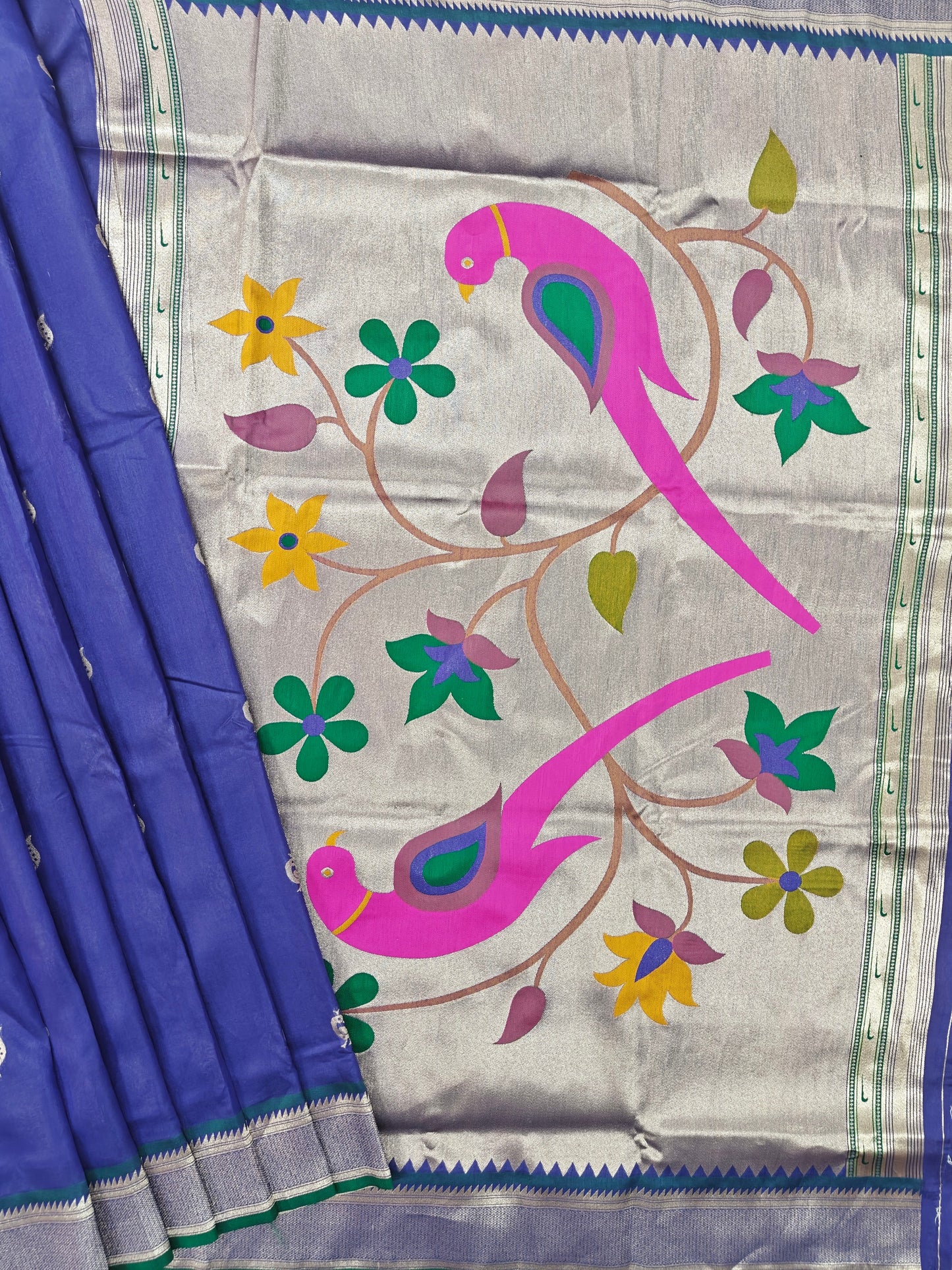 Heritage Hand-Weaving Silk Saree with Parrot Design- ROYAL BLUE