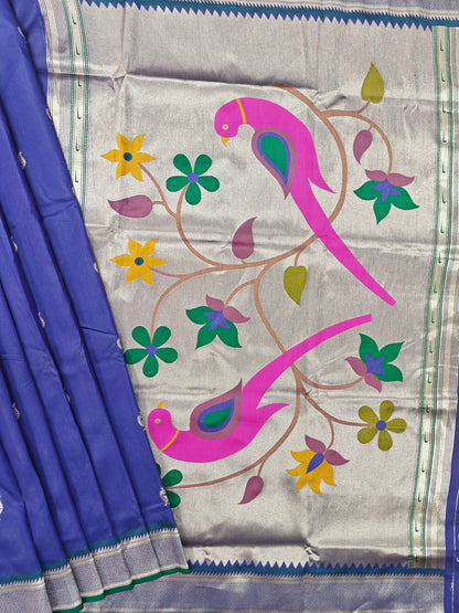 Heritage Hand-Weaving Silk Saree with Parrot Design- ROYAL BLUE
