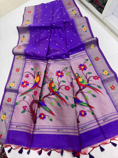 Khadi Raw Silk Saree | Traditional Floral & Parrot Design | Elegant Ethnic Saree -ROYAL BLUE
