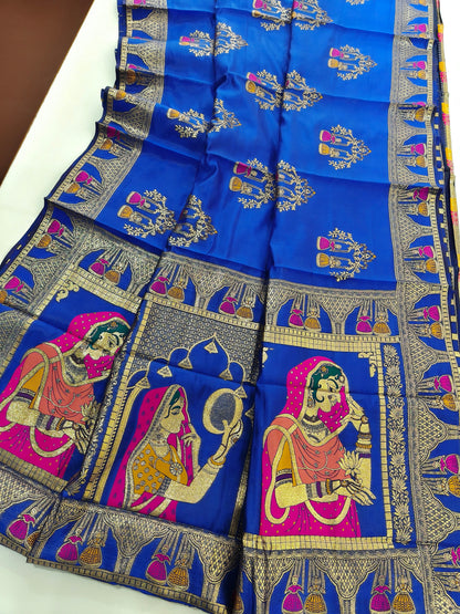 SOFT BANARASI PASHMINA  SAREE WITH ZARI BORDER -  ROYAL BLUE