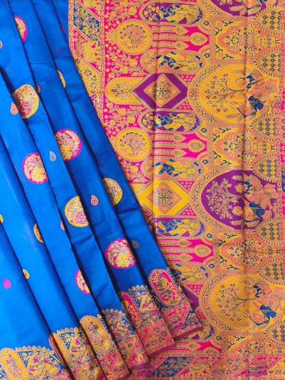 PURE SOFT RAJWADI PASHMINA SILK SAREE - ROYAL BLUE