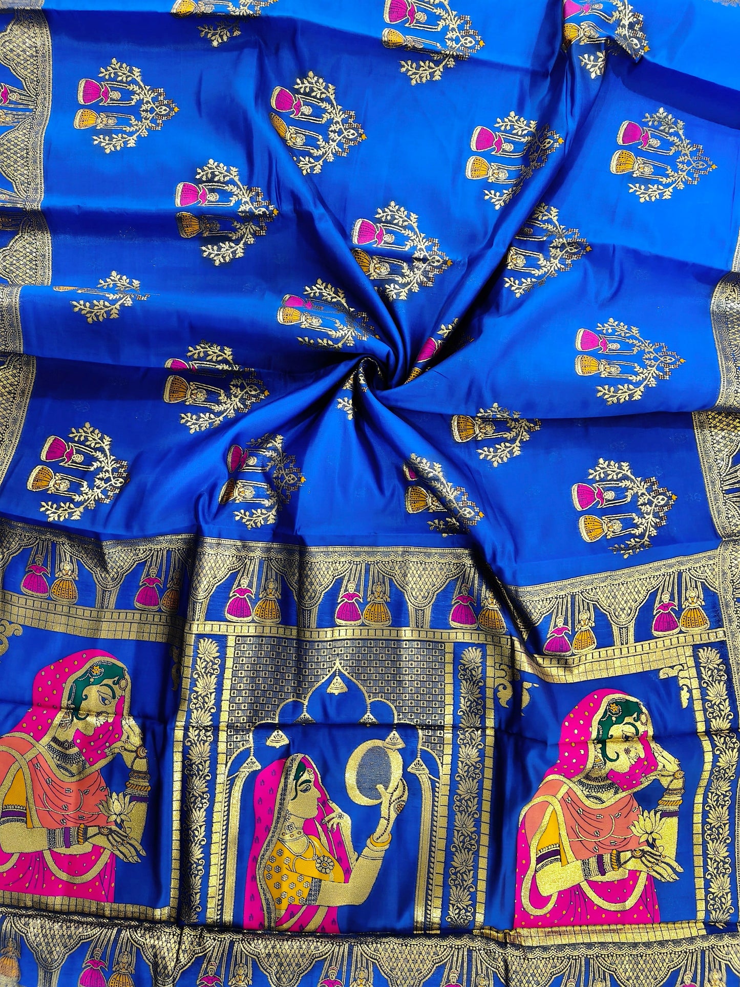 SOFT BANARASI PASHMINA  SAREE WITH ZARI BORDER -  ROYAL BLUE
