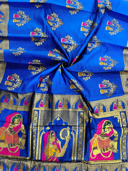 SOFT BANARASI PASHMINA  SAREE WITH ZARI BORDER -  ROYAL BLUE