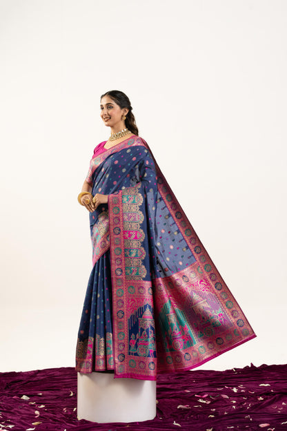 PURE SOFT PASHMINA SILK SAREE - ROYAL BLUE