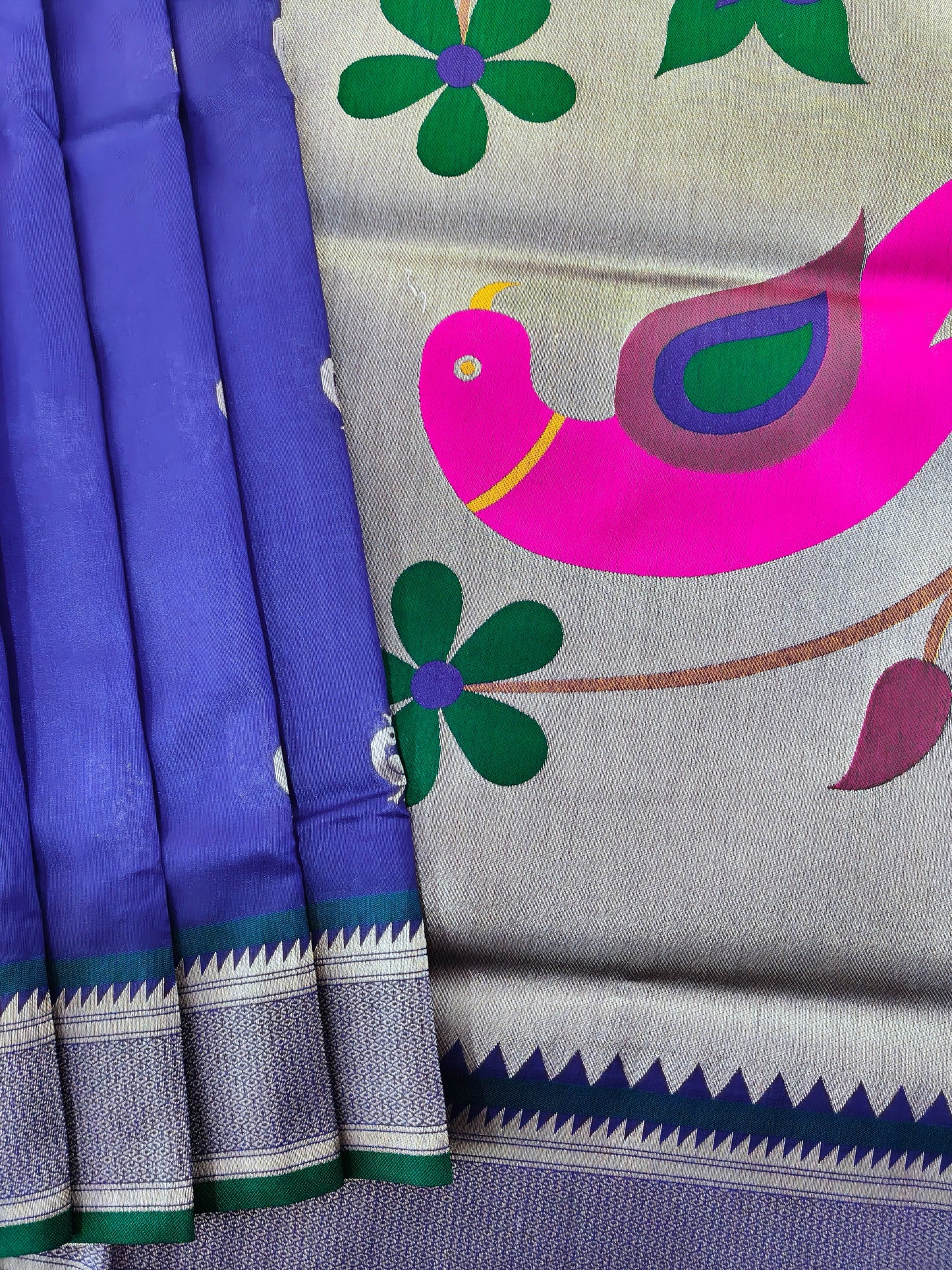 Heritage Hand-Weaving Silk Saree with Parrot Design- ROYAL BLUE