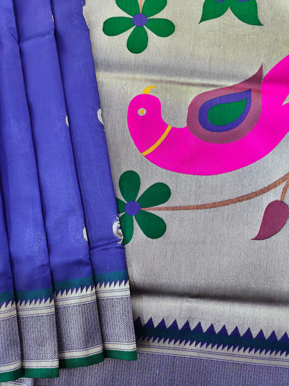 Heritage Hand-Weaving Silk Saree with Parrot Design- ROYAL BLUE