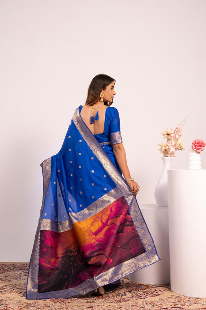 Traditional Paithani Saree with Zari Butti & Storytelling Pallu - ROYAL BLUE