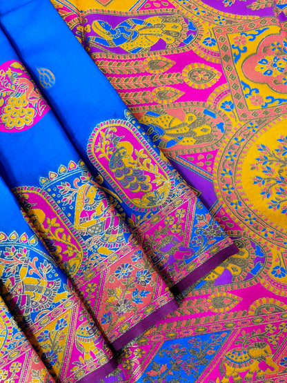 PURE SOFT RAJWADI PASHMINA SILK SAREE - ROYAL BLUE