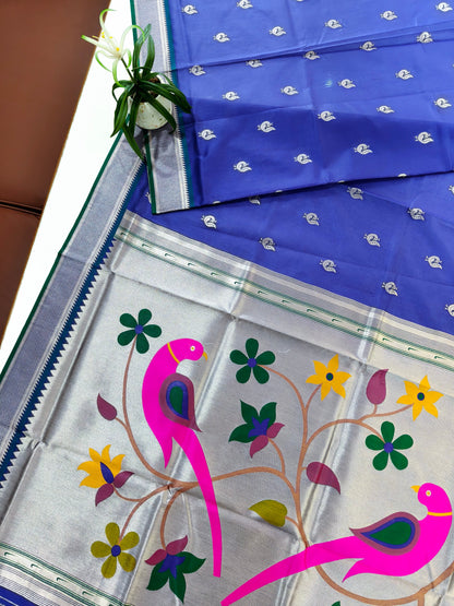 Heritage Hand-Weaving Silk Saree with Parrot Design- ROYAL BLUE