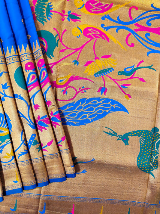 Premium Teal  Silk Saree with Peacock & Bird Woven Pallu- ROYAL BLUE
