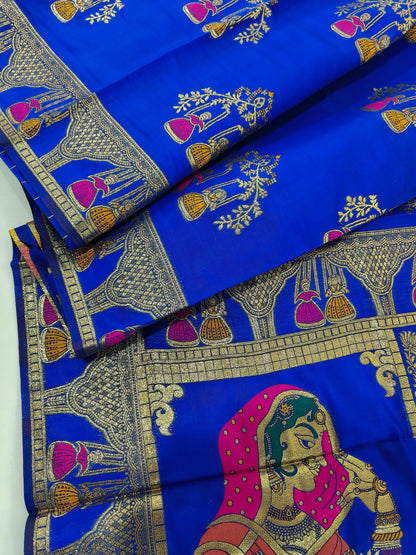 SOFT BANARASI PASHMINA  SAREE WITH ZARI BORDER -  ROYAL BLUE