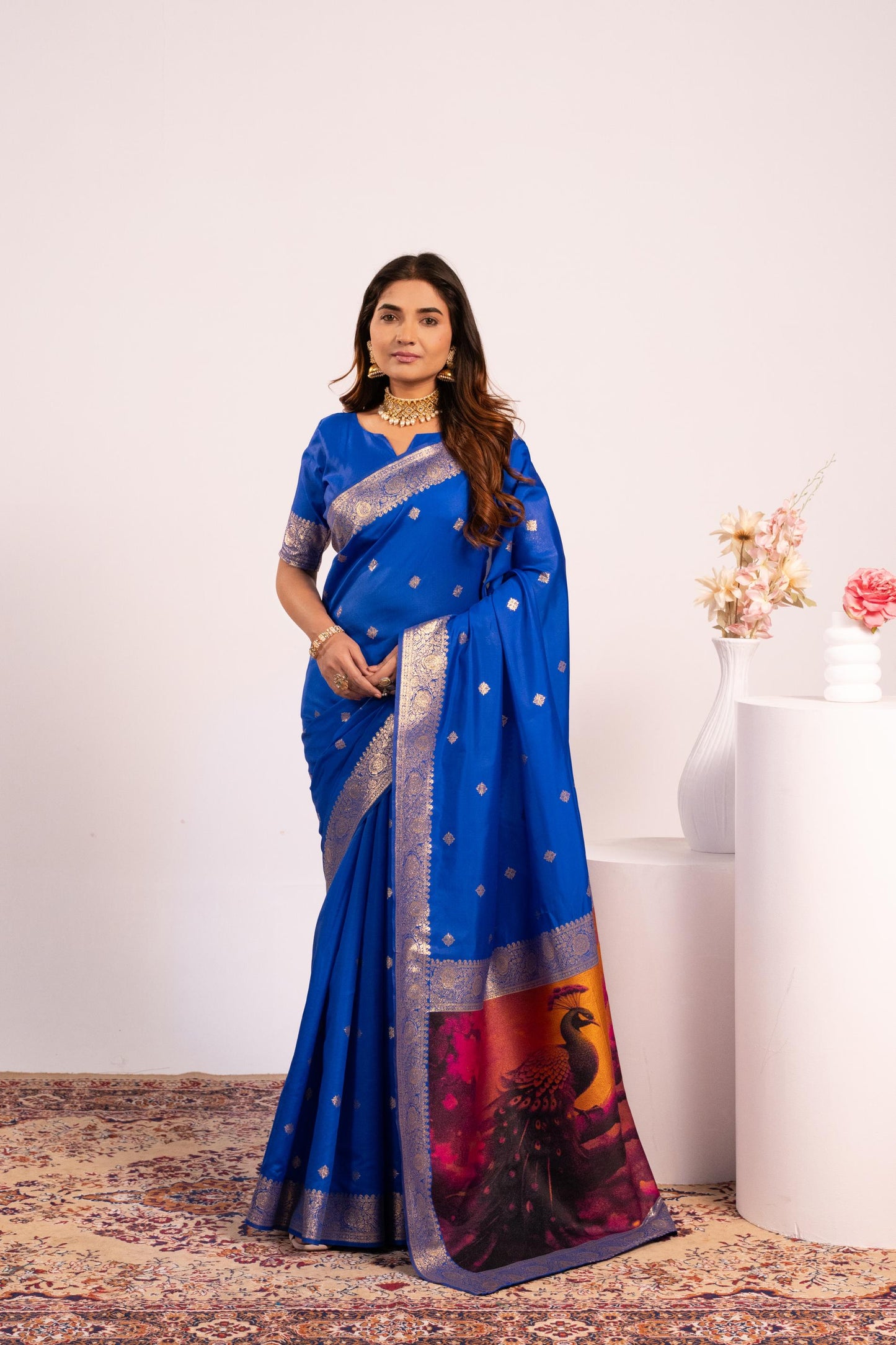 Traditional Paithani Saree with Zari Butti & Storytelling Pallu - ROYAL BLUE