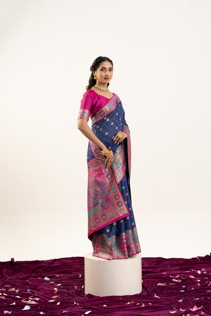 PURE SOFT PASHMINA SILK SAREE - ROYAL BLUE
