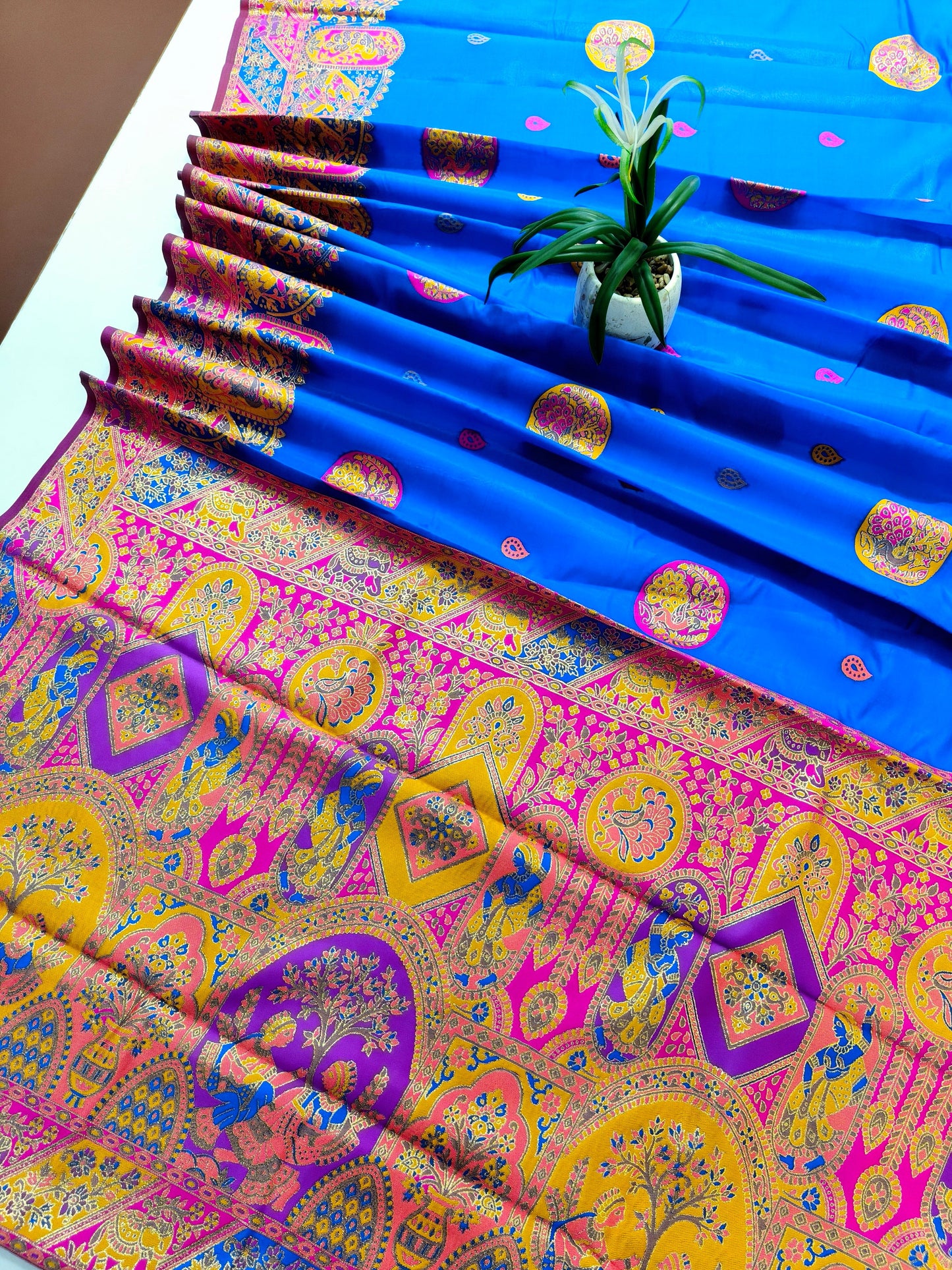 PURE SOFT RAJWADI PASHMINA SILK SAREE - ROYAL BLUE