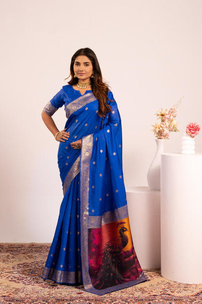 Traditional Paithani Saree with Zari Butti & Storytelling Pallu - ROYAL BLUE