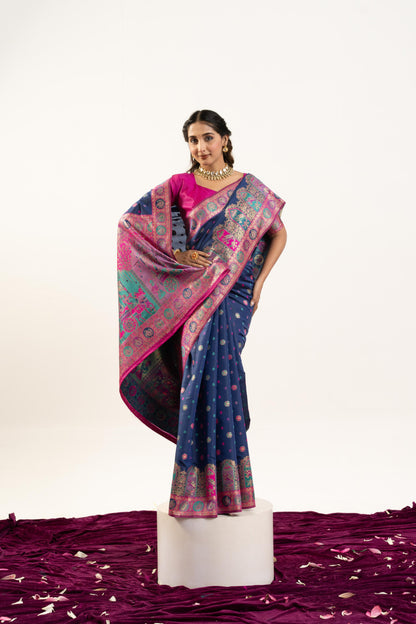 PURE SOFT PASHMINA SILK SAREE - ROYAL BLUE