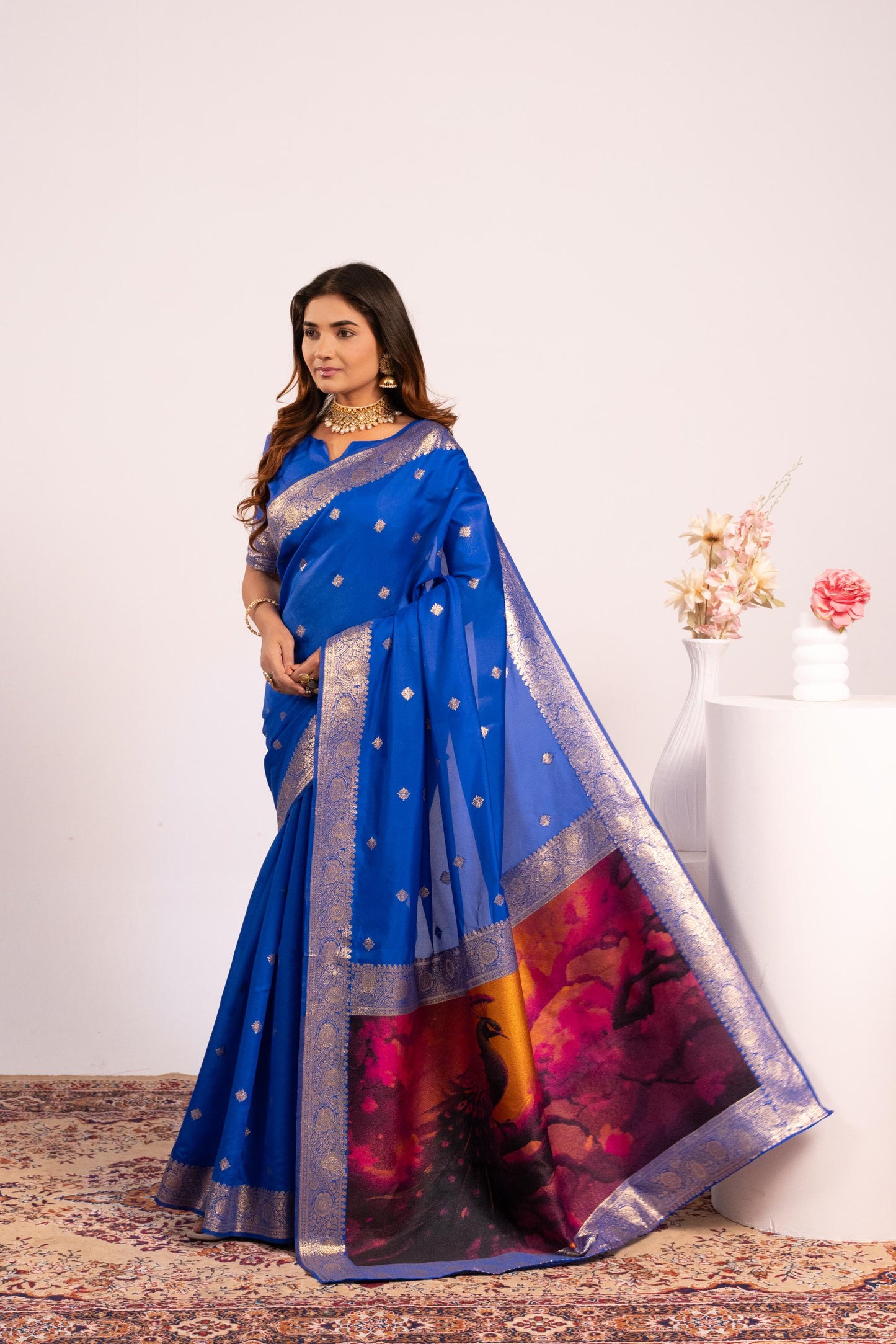 Traditional Paithani Saree with Zari Butti & Storytelling Pallu - ROYAL BLUE