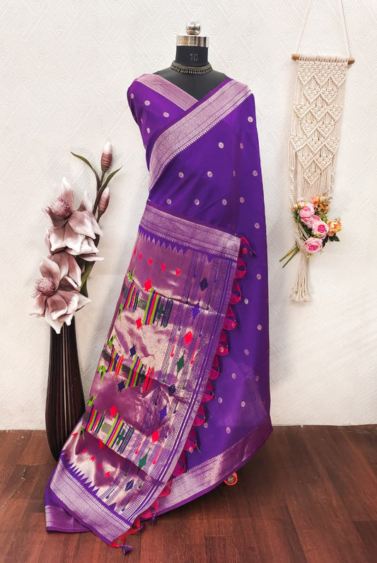 Khadi Raw Silk Saree with Traditional Woven Border & Multicolor Motifs -ROYEL BLUE