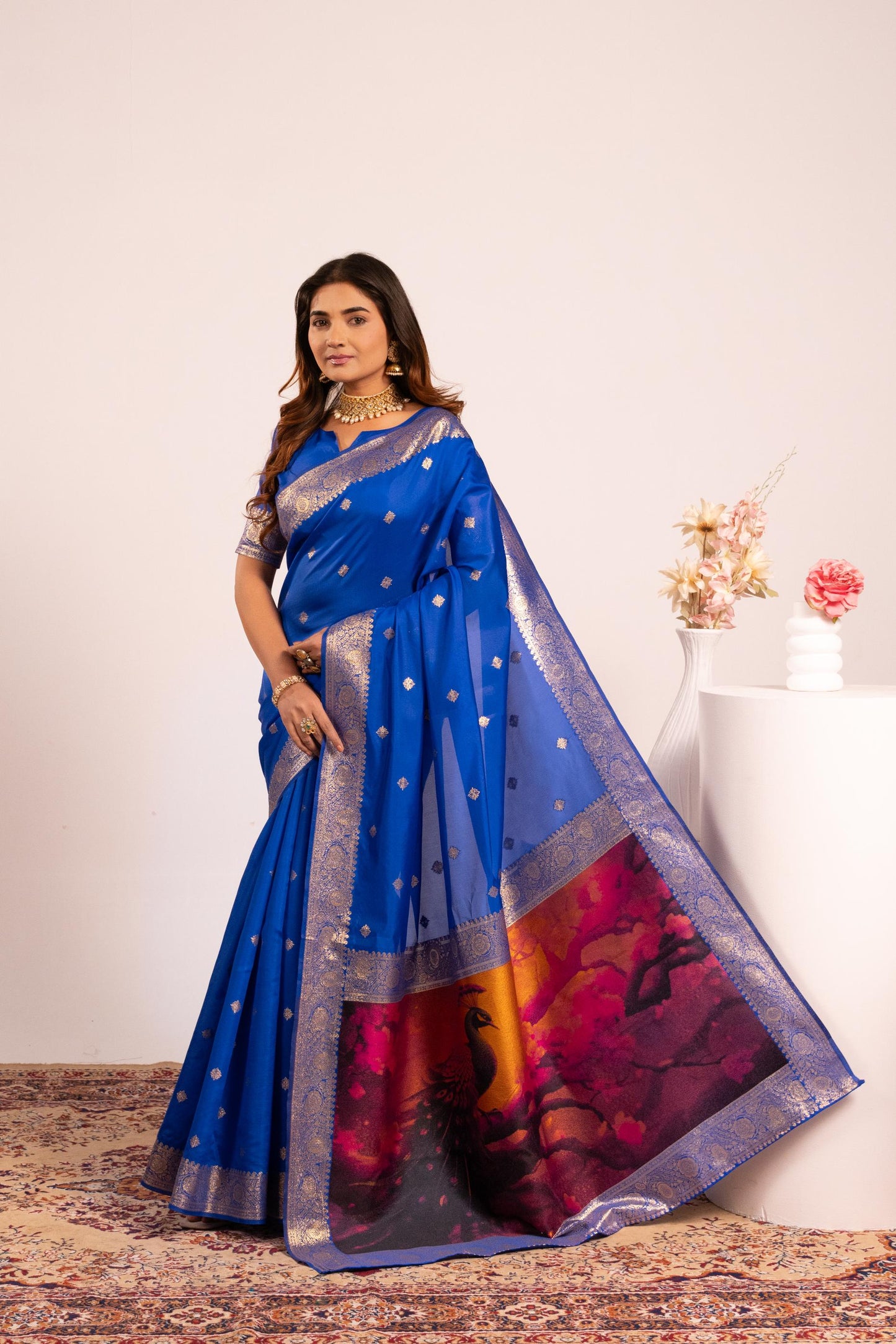Traditional Paithani Saree with Zari Butti & Storytelling Pallu - ROYAL BLUE