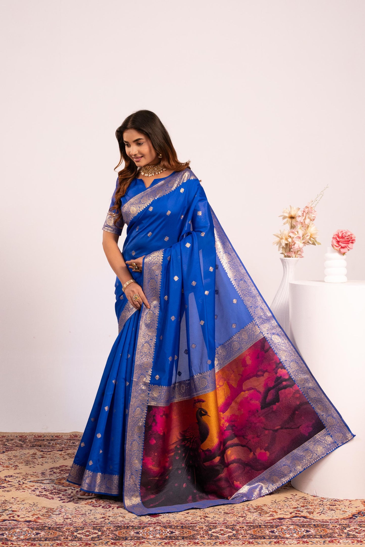 Traditional Paithani Saree with Zari Butti & Storytelling Pallu - ROYAL BLUE