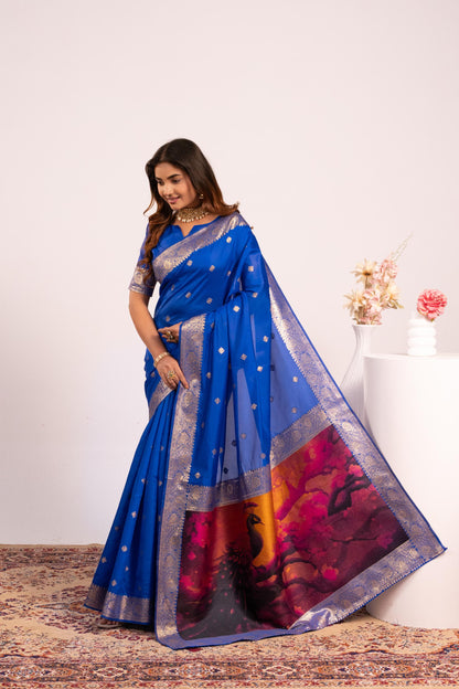 Traditional Paithani Saree with Zari Butti & Storytelling Pallu - ROYAL BLUE