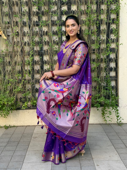 Khadi Raw Silk Saree | Traditional Floral & Parrot Design | Elegant Ethnic Saree -ROYAL BLUE