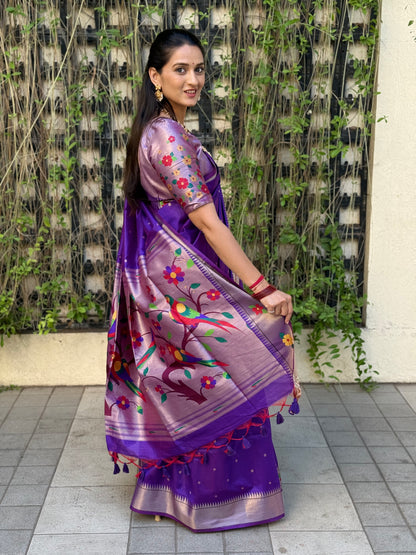 Khadi Raw Silk Saree | Traditional Floral & Parrot Design | Elegant Ethnic Saree -ROYAL BLUE