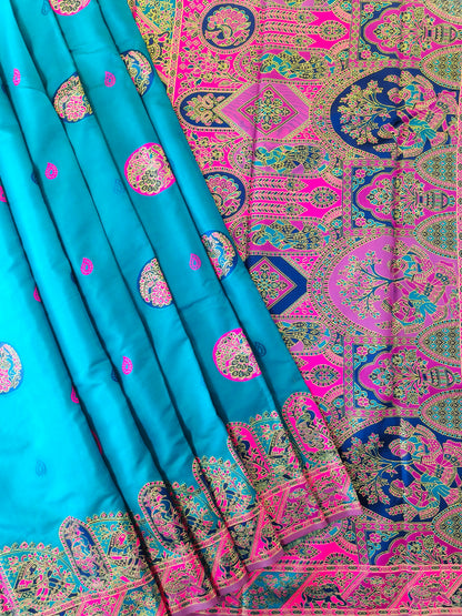 PURE SOFT RAJWADI PASHMINA SILK SAREE - SKY BLUE