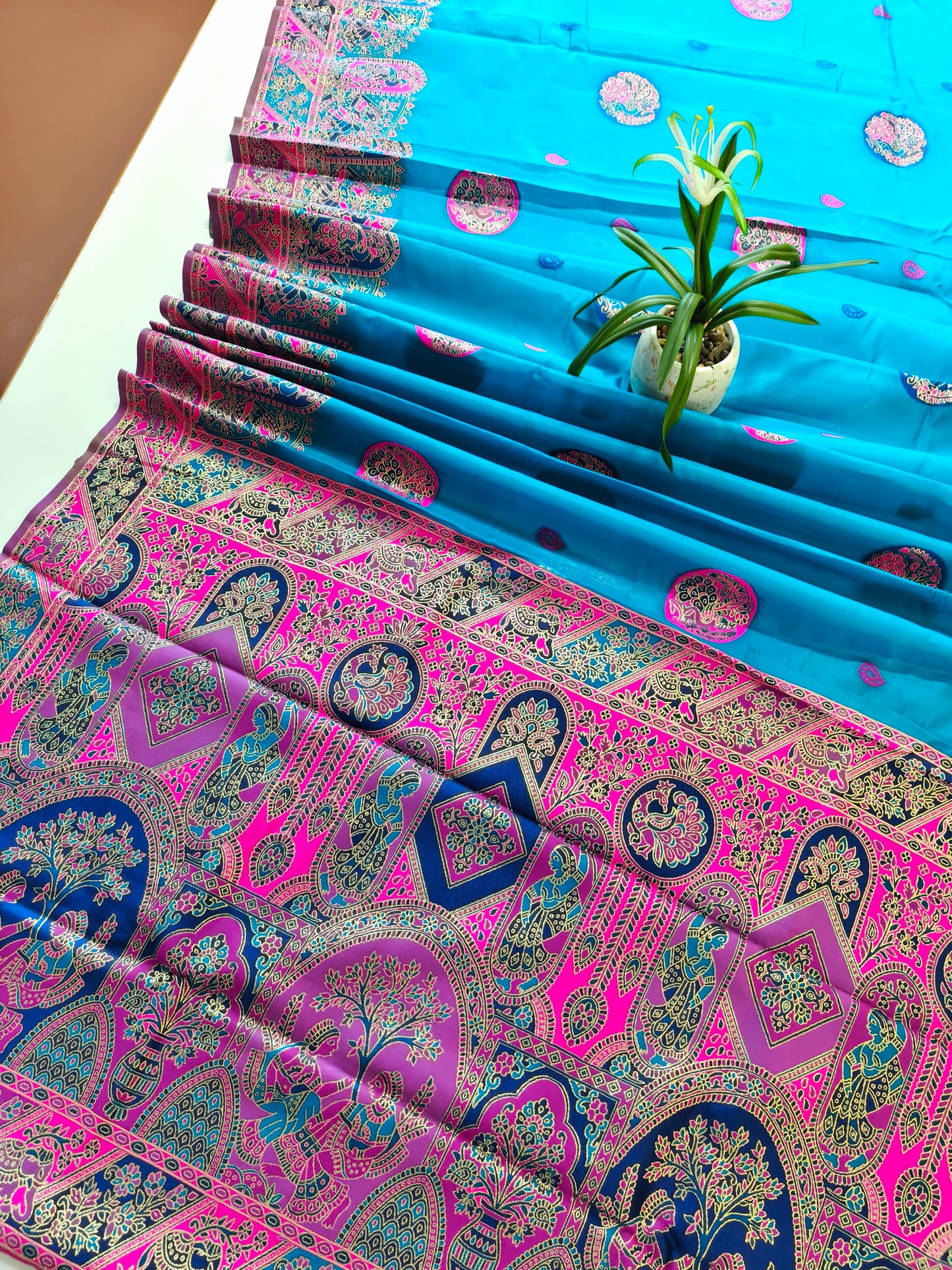 PURE SOFT RAJWADI PASHMINA SILK SAREE - SKY BLUE